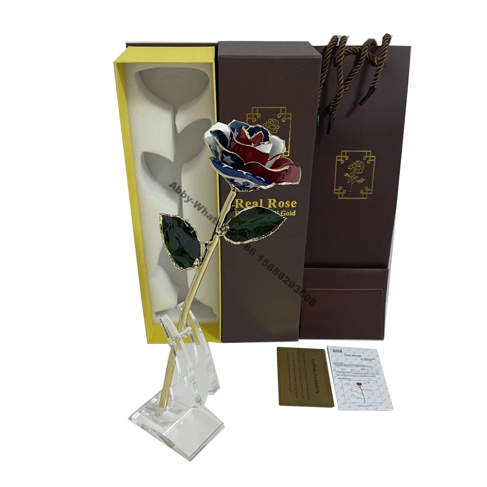 

Colored 24k Gold Dipped Rose With acrylic stander US flag Flowers Forever Love In Box Girlfriend Wedding Christmas Gifts For Her