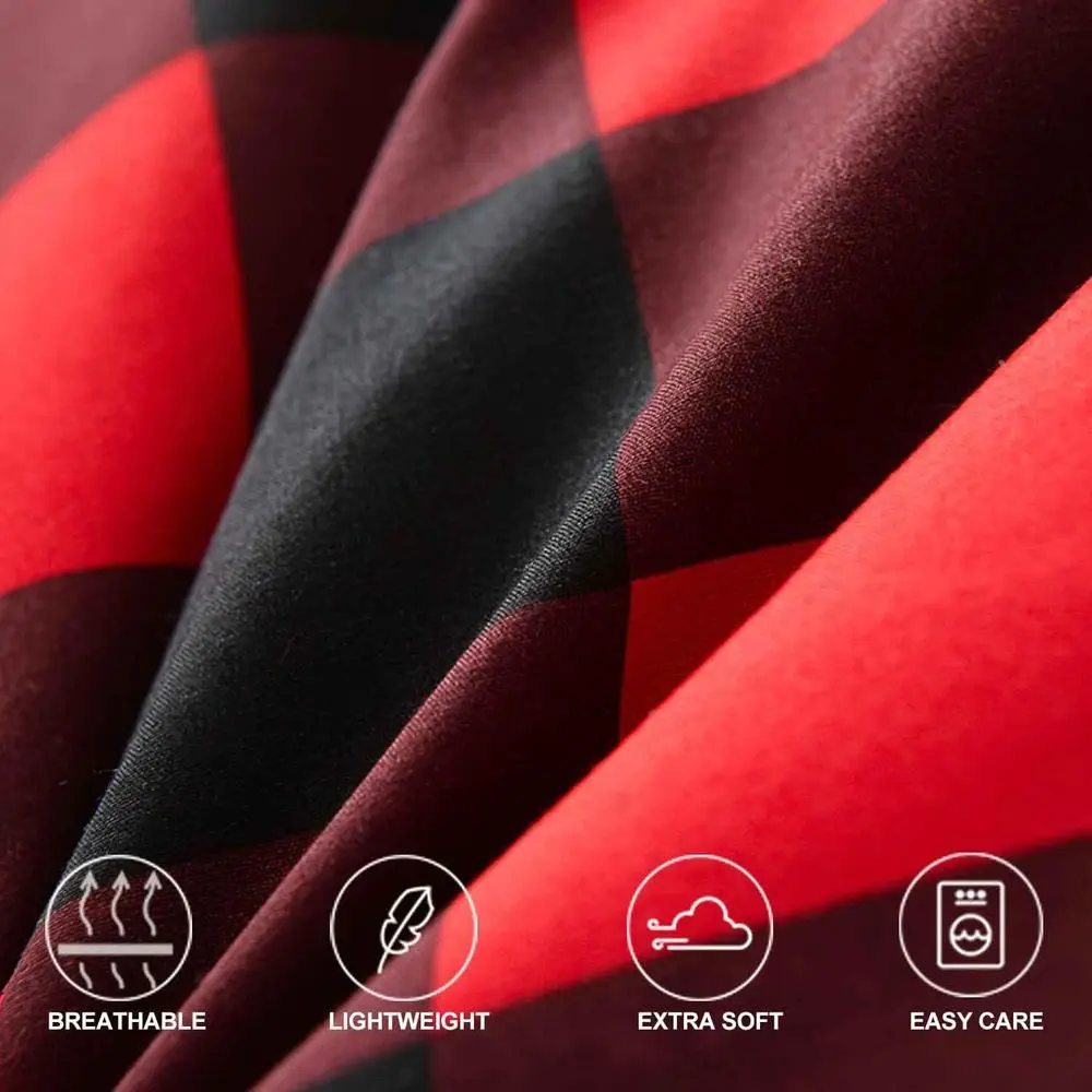 Reversible Microfiber Duvet Cover Set - Red & Black Buffalo Check Plaid, 3-Piece Modern Bedding for Christmas & New Year, 90x90 description