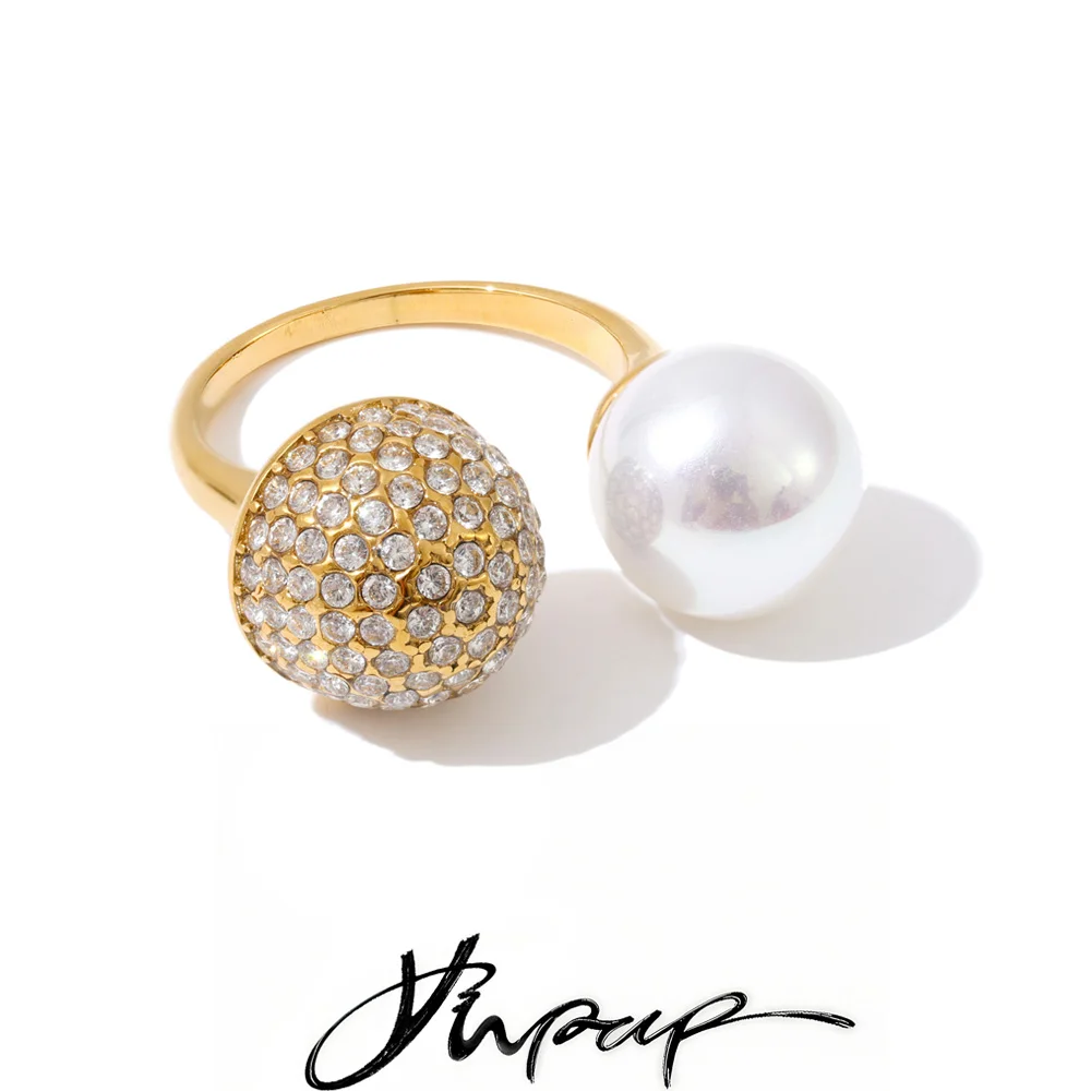 Yhpup Imitation Pearls Cubic Zirconia Round Open Adjustable Ring