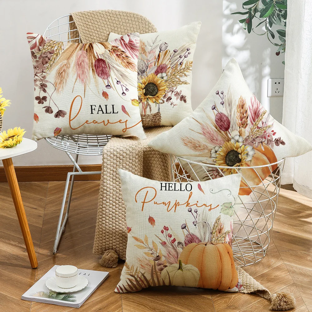 

Thanksgiving fall throw pillow pumpkin maple leaf sunflower home cushion cover huddle pillowcase