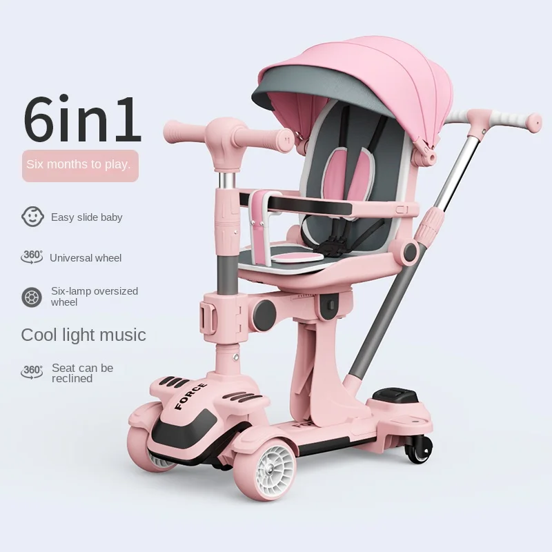 6 in1 New Scooter Kid's Multifunctional Car can Sit and Lie Down Baby Strollers Children 1-3-6-12 Years Old Can Skateboard Car