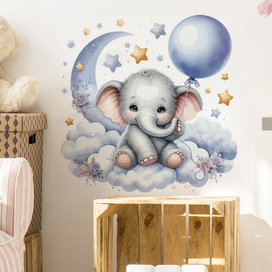 Adesivi murali luna elefante cartone animato blu per la camera dei bambini Decorazioni per la camera dei bambini Decorazioni per la camera da letto Soggiorno Decalcomanie da muro 4