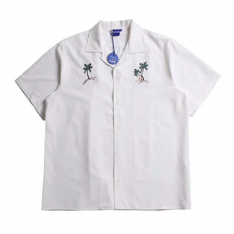 Dark Icon Coconut Tree Button Down Collar Vintage Men's Shirt Short Sleeve 2024 Summer Cargo Shirts for Man Black White 6