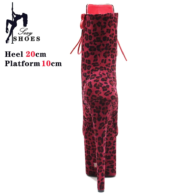 Sexy Fetish Leopard 20cm/8Inch Women's high-heeled Ankle Boots Lace-up Zip Platform Suede Pole Dance Shoes Large Size 44 WESTERN