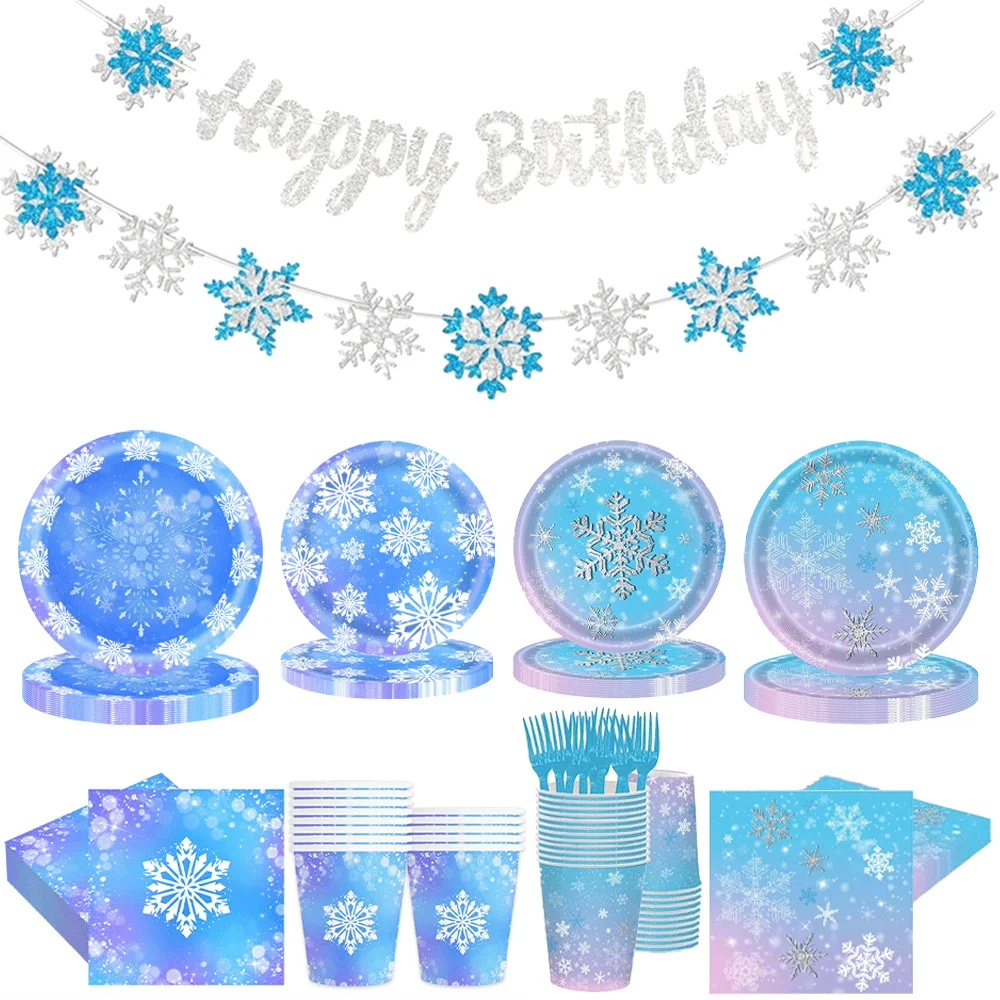 Frozen Birthday Party Supplies Schneeflocken Teller Servietten Tassen Tischdecke Banner Schneefolienballons Swinter Wonderland Dekorationen – Detail 1