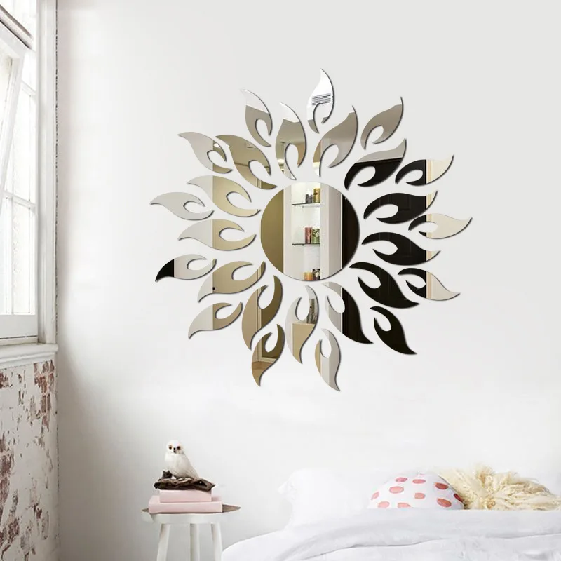3D Sun Flower Wall Sticker Acrylic Mirror Flame Decorative Stickers Art Mural Decal Wall Decor Living Room Bedroom Decoration