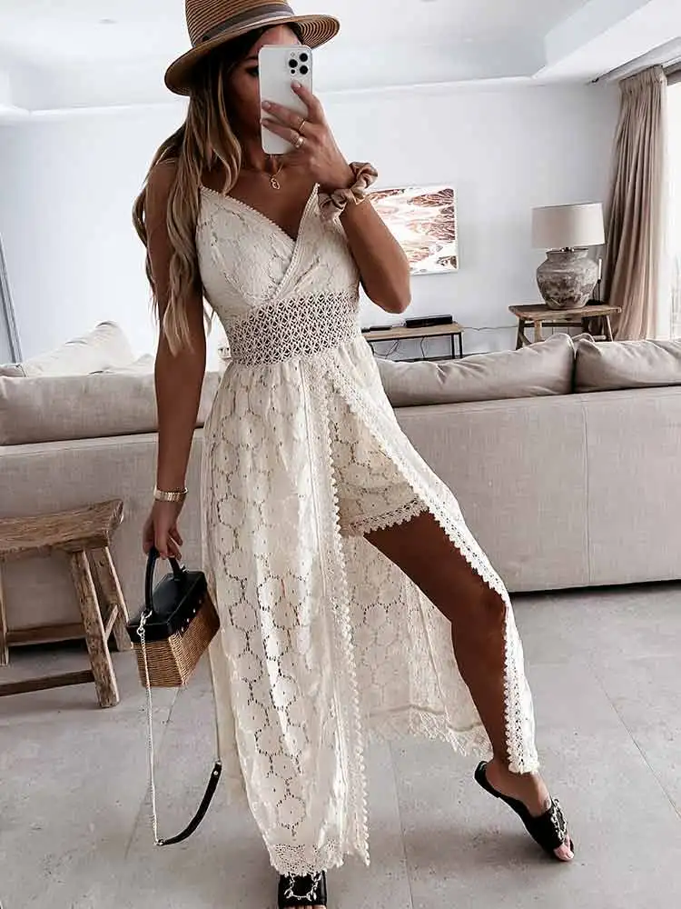 Boho Dress Women Summer Maxi Dress Lady Off Shoulder Holiday Lace V Neck Spaghetti Strap Sundress White Dress Vestidos De Mujer 