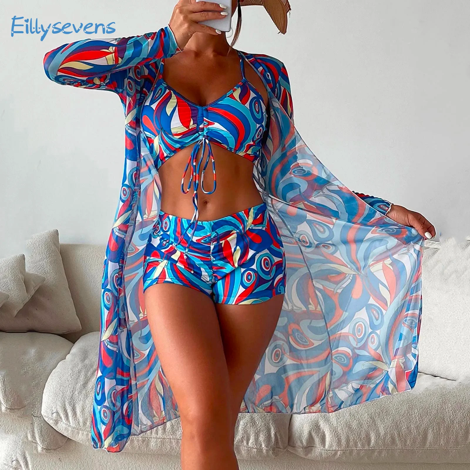 

Женский купальник-тройка, повседневный бюстгальтер на завязках, боксеры, плавки с длинным рукавом, накидки, комплект, облегающий купальник с принтом