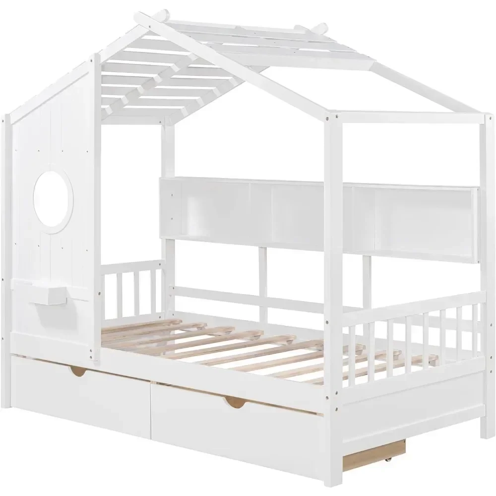 Twin House Bed with Storage Drawers & Bookcase, Montessori Twin Platform Bed Frame with Rails & Roof for Kids Teens Girls Boys 4