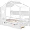 Twin House Bed with Storage Drawers & Bookcase, Montessori Twin Platform Bed Frame with Rails & Roof for Kids Teens Girls Boys 4