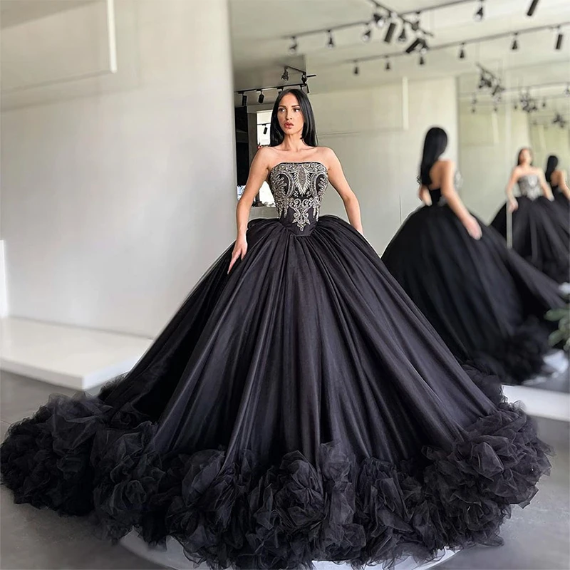 Black Sleeveless Prom Gowns Embroidery Applique Evening Dresses Lace Layered Women Sexy Sweetheart A-Line Dubai Arab Formal Part