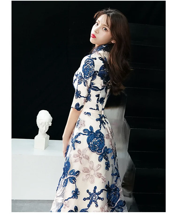 Simple Lace Flower Blue Prom Dresses 2020 Vintage High Neck A-line Short Homecoming Dresses With Half Sleeves simple prom dresses