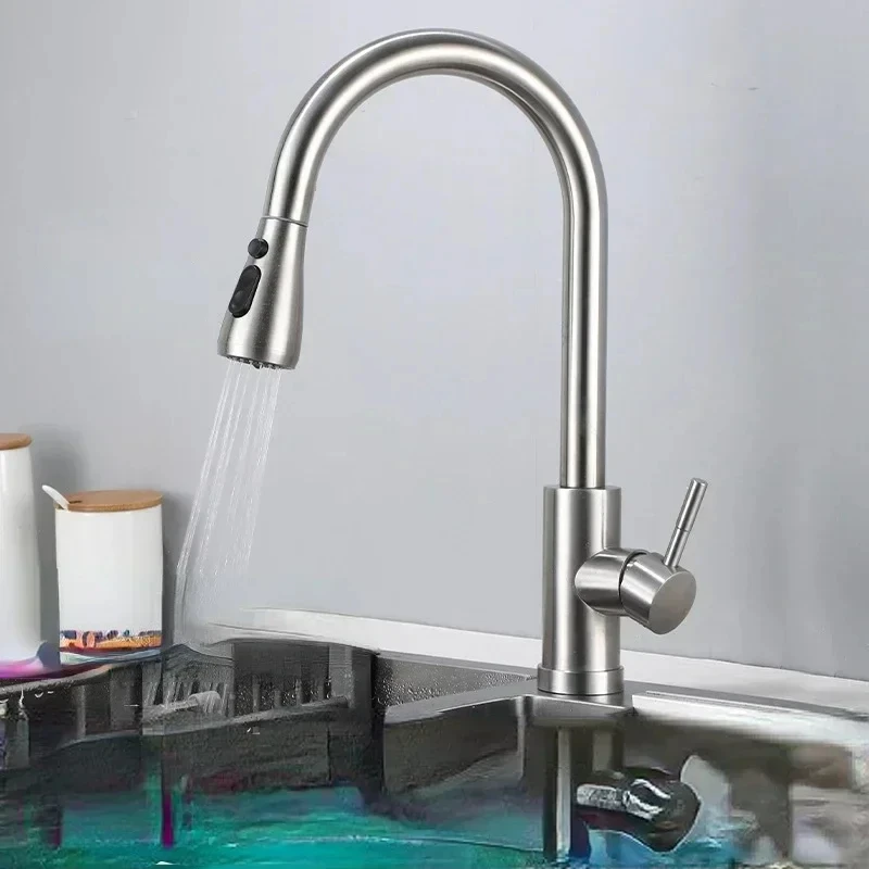 YXS Kitchen Faucet Single Hole Pull Out Spout Kitchen Sink Mixer Tap Stream Sprayer Head Chrome/Black Mixer Tap