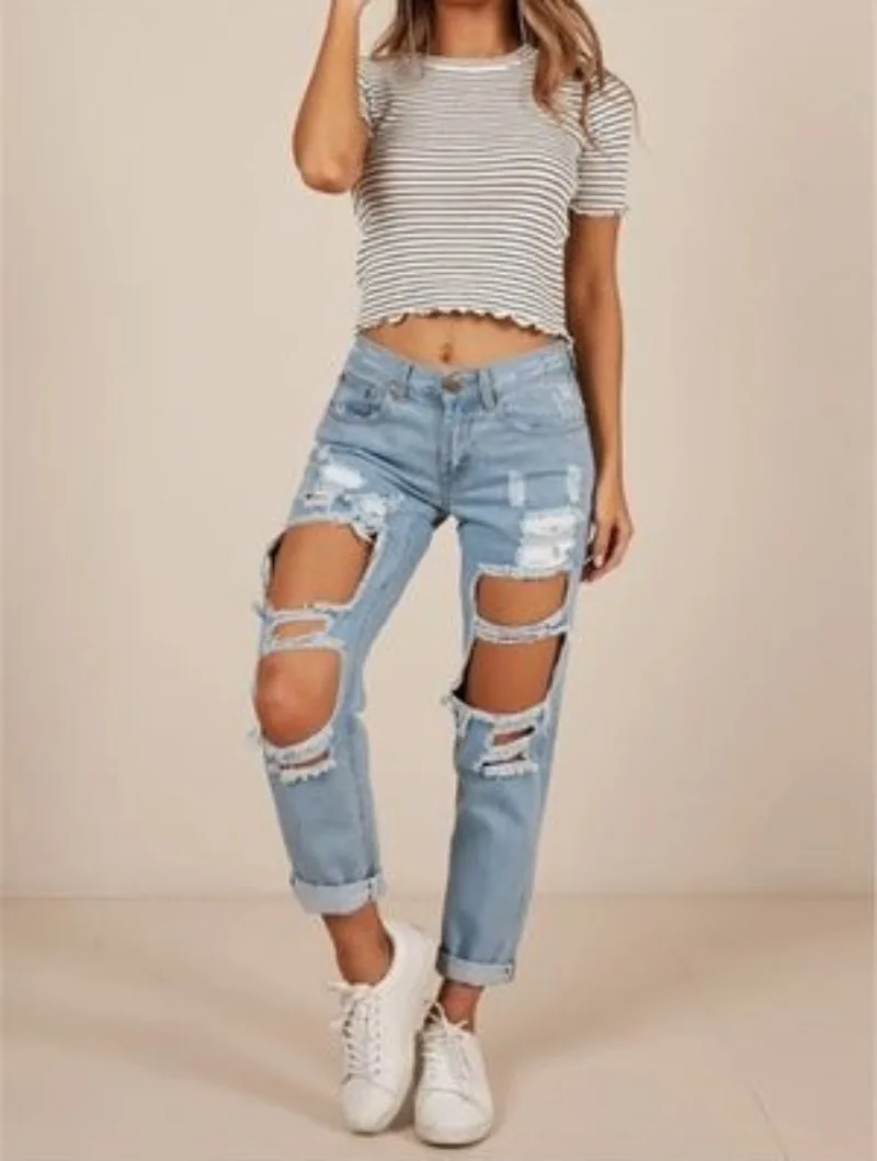 Denimcolab Fashion Hole Washing High Waist Jeans Woman Cotton Denim Straight Pants Ladies High Street Ripped Jeans Trousers