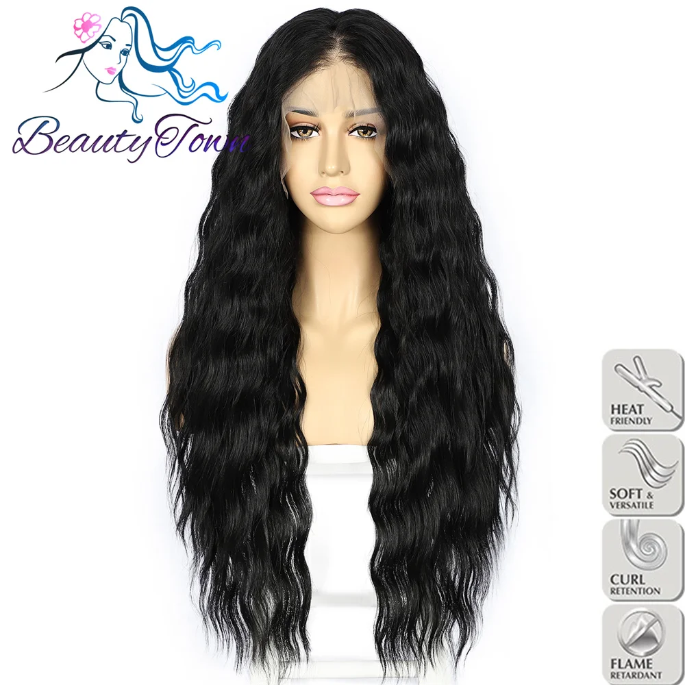 

30inches 1B Black 13x4 Futura Synthetic Lace Wig Soft Swiss Transparent Lace Ocean Wave Full Cosplay Daily Wig for Women