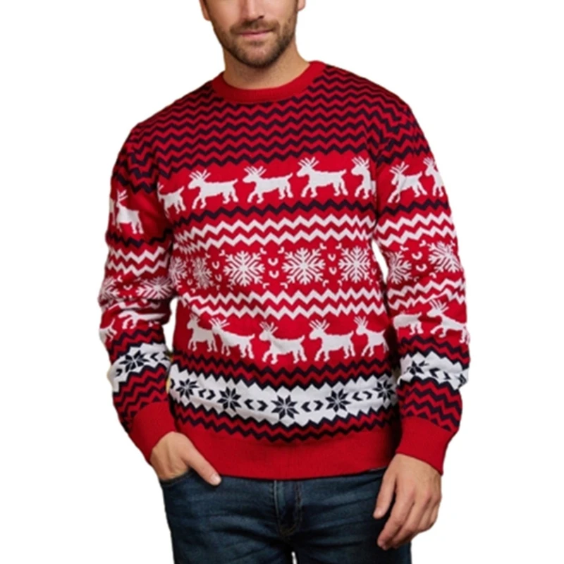 Womens Men Christmas Sweater Reindeer Snowflake Pattern Knitted Shirt