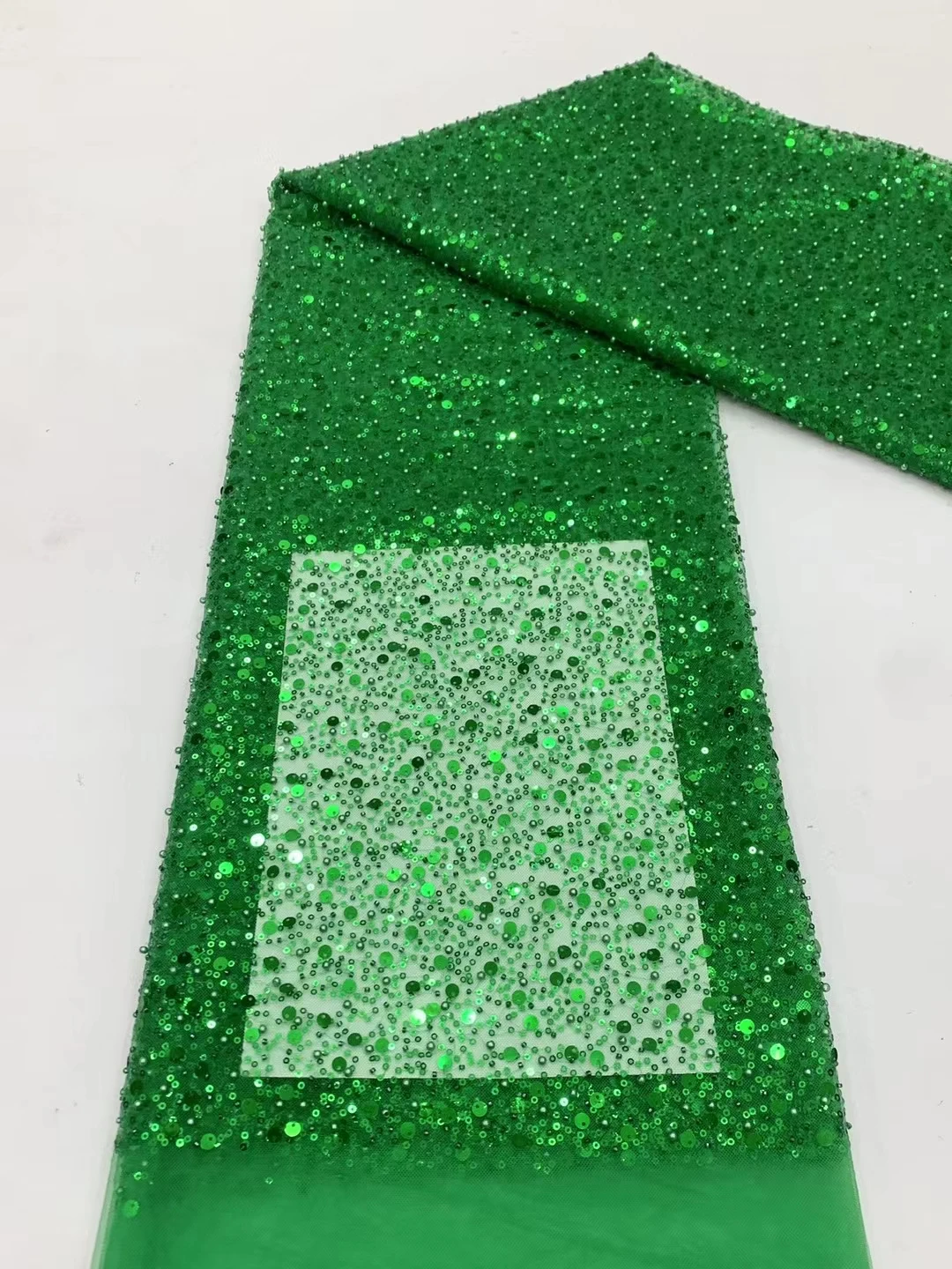 Dark Green Heavy Beads Sequins Pearls Glitter Fabric