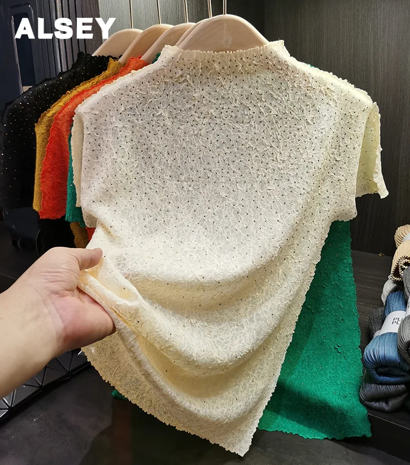 

ALSEY Miyake Pleated Hot Drill Short-sleeved T-shirt Blouse Female Summer New Fashion Stand-up Collar Hundred Hit Bottom Shirt