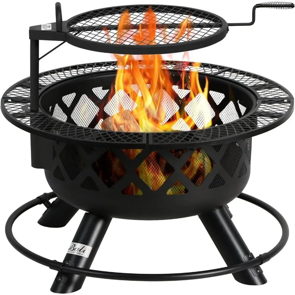 Wood Burning Fire Pit with Quick Removable Cooking Grill, Black, 32in