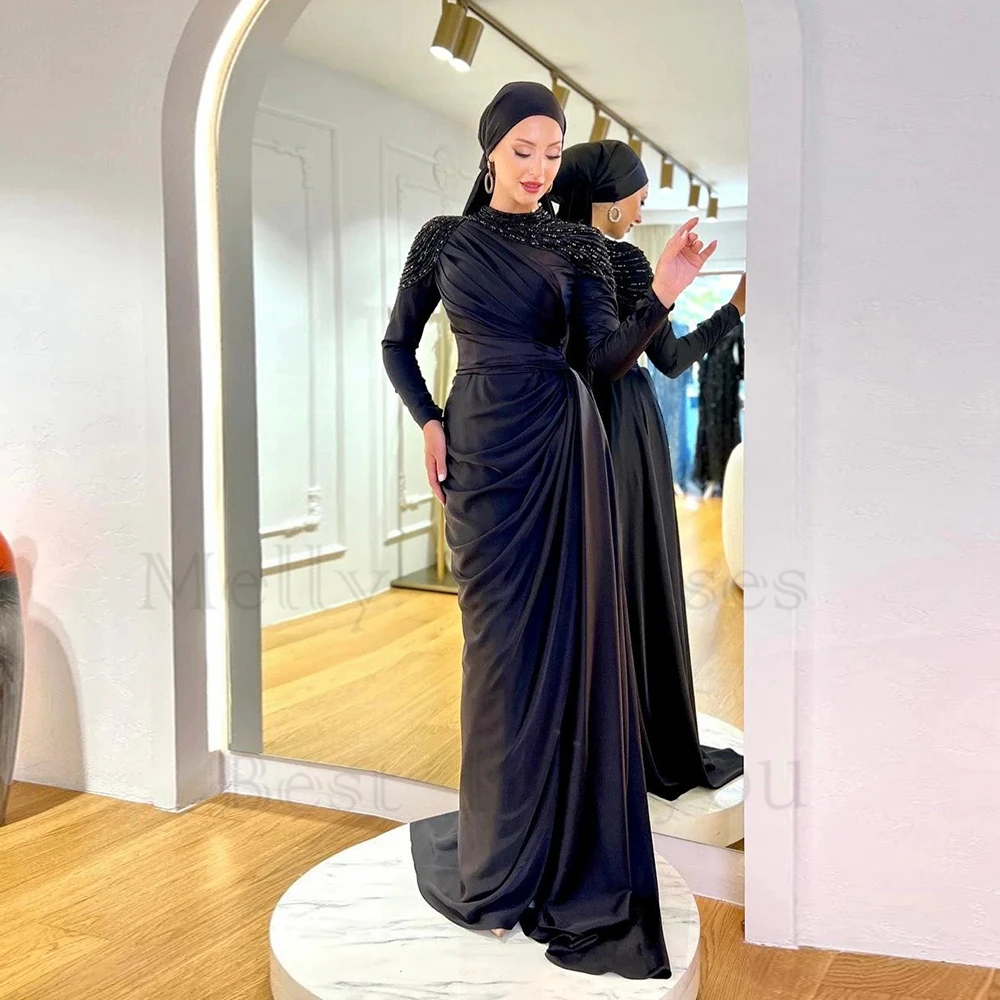 

Black Satin Islamic Evening Dresses with Pleat 2024 Summer New Full Sleeve Prom Gowns Zipper Back Floor Length Robe De Soirée