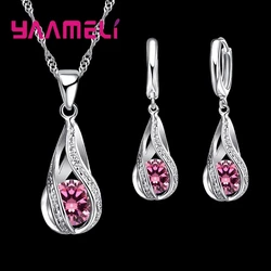 Elegant Sterling Silver Plated Jewelry Set: Necklace & Hoop Earrings (Pink)