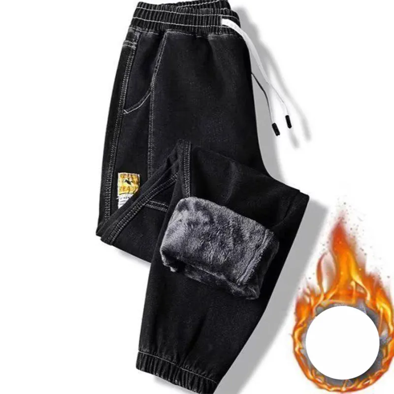 Winter KPOP Fashion Style Harajuku Slim Fit Trousers Plush All Match Casual Pants Korean Style Cotton Pockets Thickening Jeans