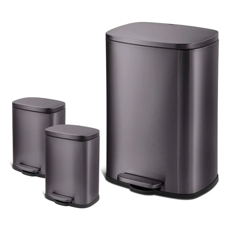 

Qualiazero 13.2 gal Rectangular Step Trash Can, Plus Two 1.3 gal Trash Cans, Black Stainless Steel