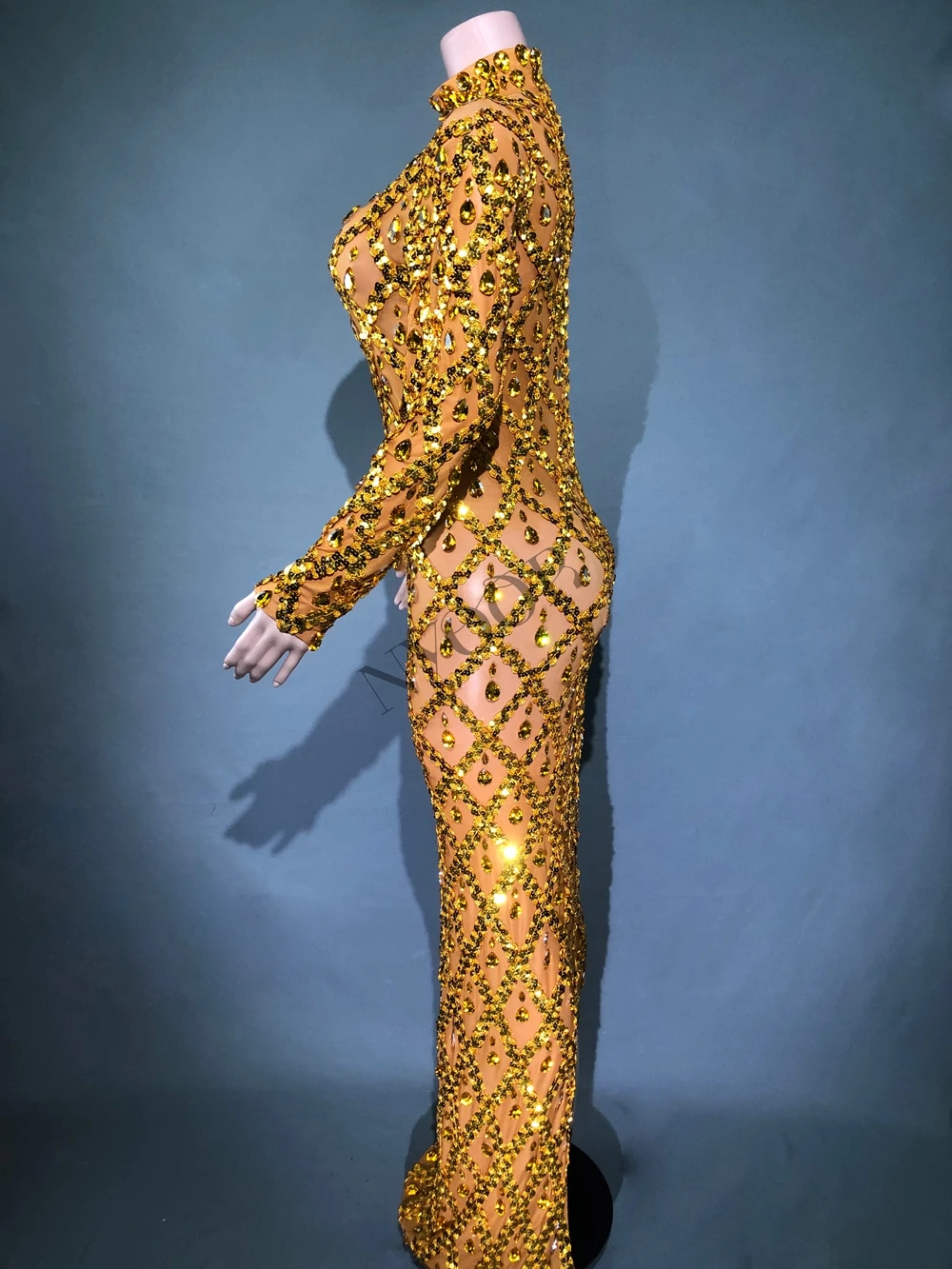 Rhinestones Sexy Evening Dance Dress Women Long Sleeve Sparkly Sequins Prom Birthday Performance Costume