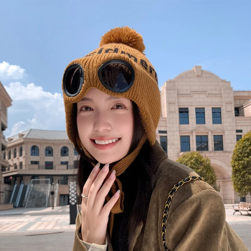 Winter Hat With Glasses Set Head Hat Women Outdoor Cold Protection Warm Ear Protection Hairball Knitted Woolen Skiing Sports