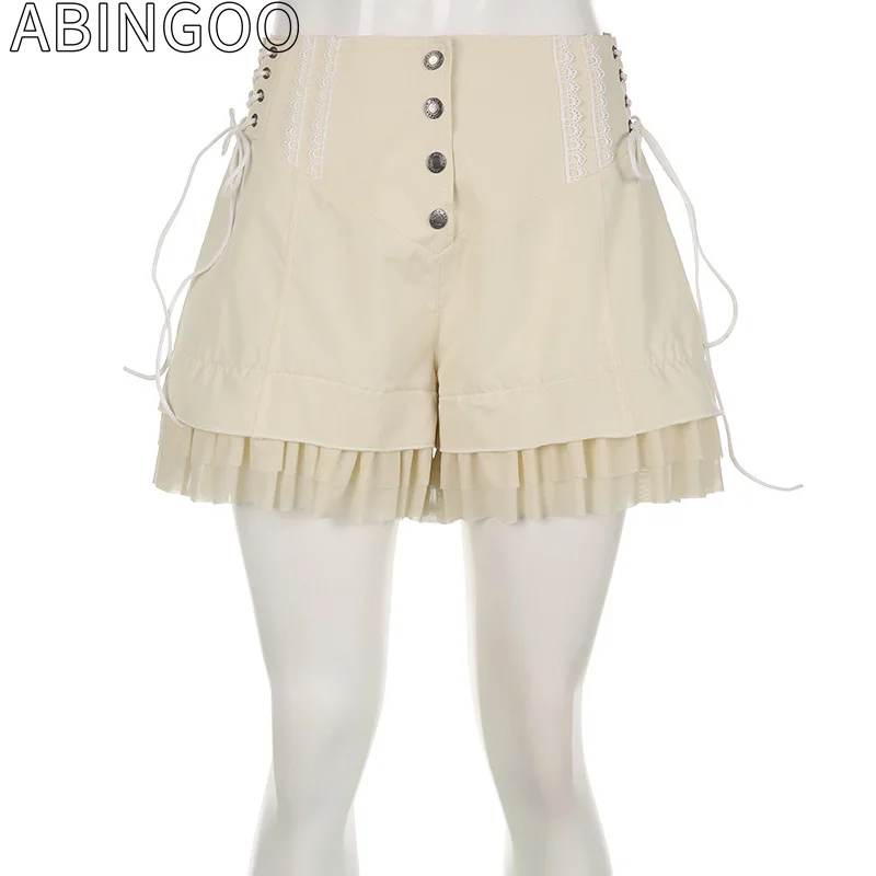 ABINGOO Vintage Sweet Bandage Ruffles Shorts Slim Solid High-Waisted Patchwork Shorts Women Summer Fashion Y2K Streetwear Lady