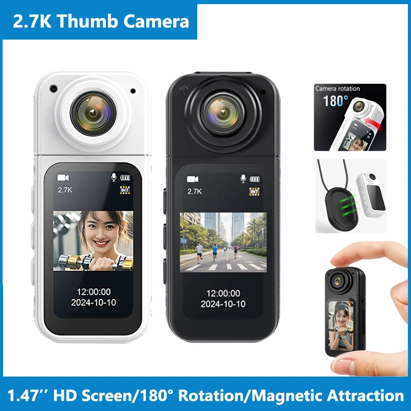 2.7K Thumb Camera 1.47 Inch HD Screen 180° Rotate Sports Cycling Recorder Magnetic Attraction Outdoor Pocket Action Camcorder