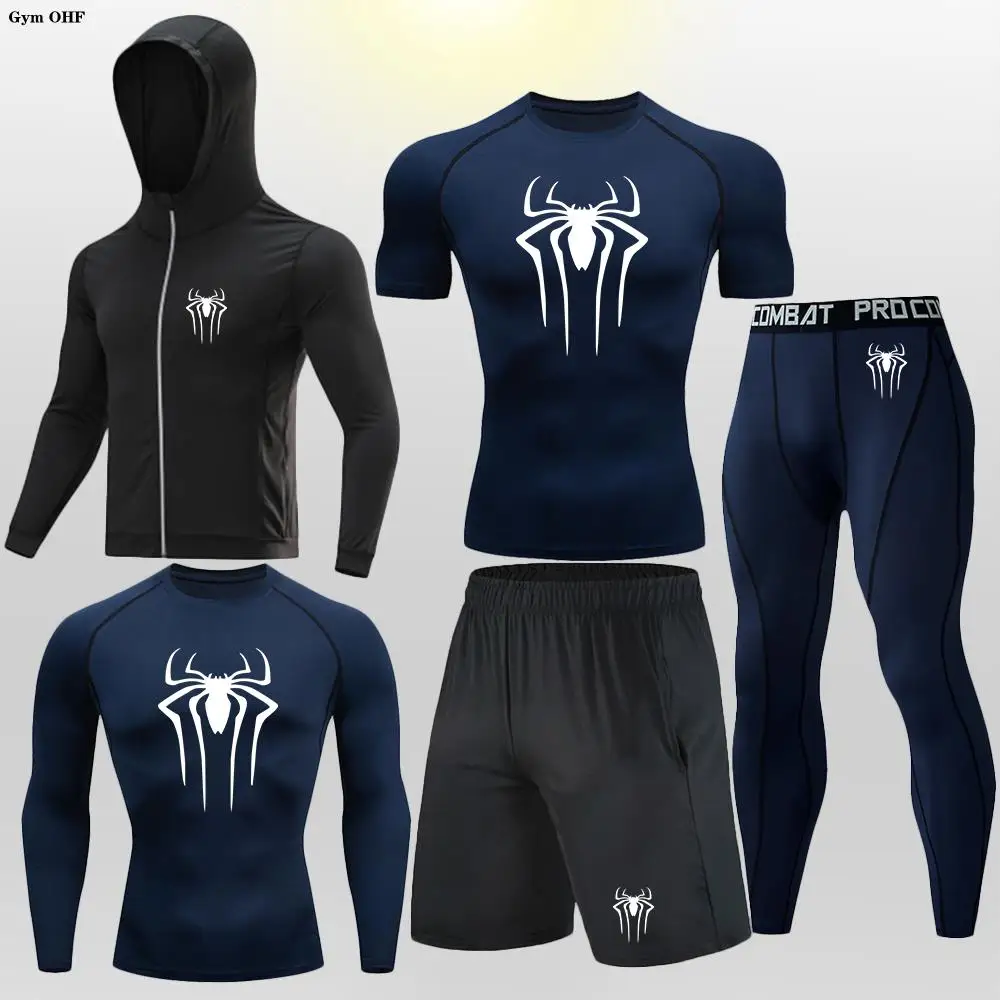 Spider Men'S Fitness High Quality Gym Running Sports Suit MMA Rashguard Compression Breathable Tights Shorts Sets Men Boxing 2