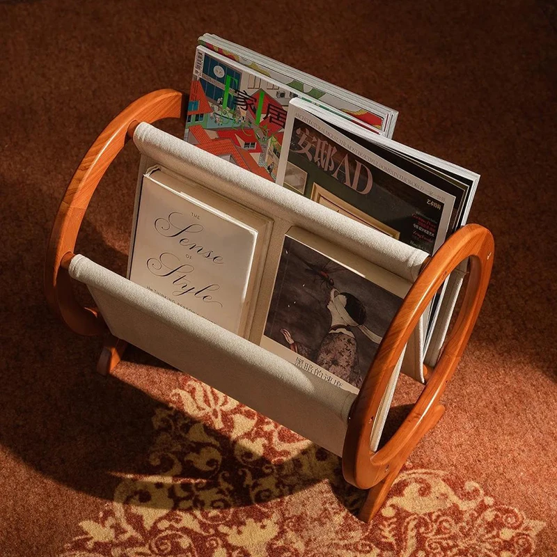 Nordic Vintage Solid Wood Fabric Desktop Magazine Rack Floor Standing Movable Storage Organizer for Living Room or Study-FYMR