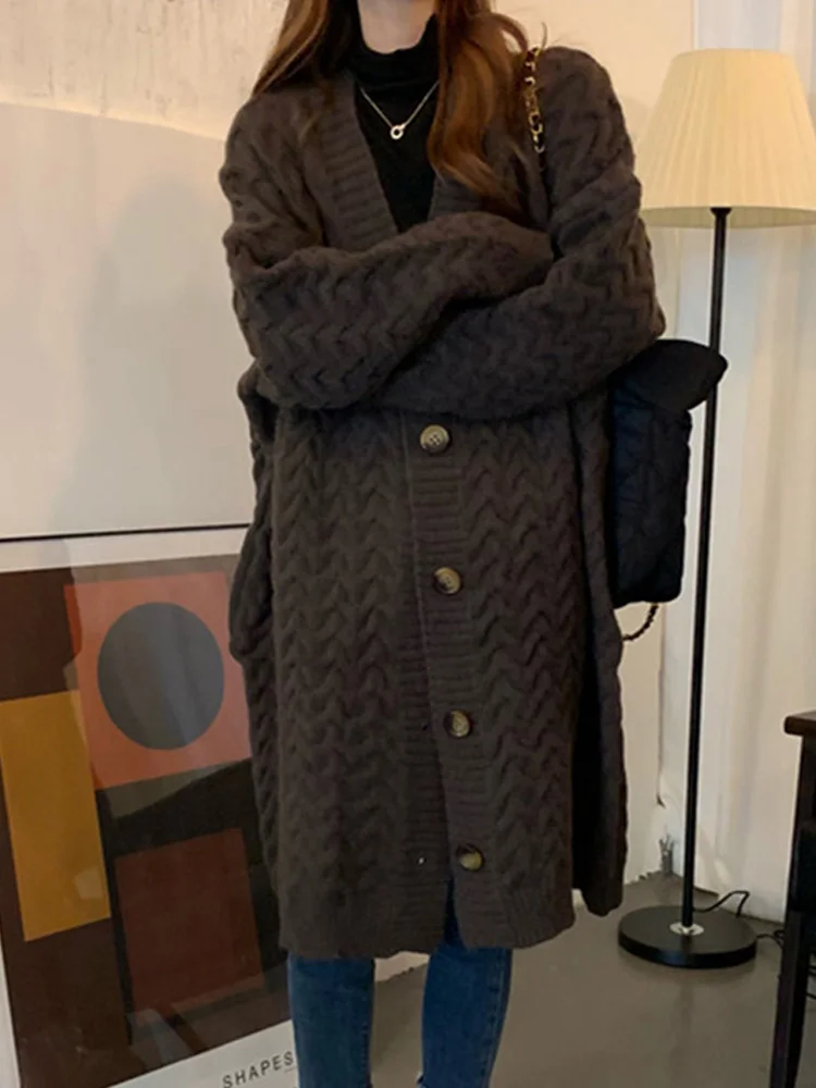 Fashion New Autumn and Winter Women's Medium and Long Knitted Cardigan Sweater Solid Color Versatile Elegant Women's Coat Top