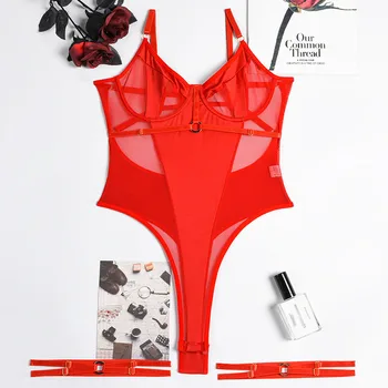 JSY Sexy Bodysuit Lace Lingerie Red Transparent Women's Underwear Hollow Out Teddy Erotic Catsuit Body Lingerie Porno Costumes 6