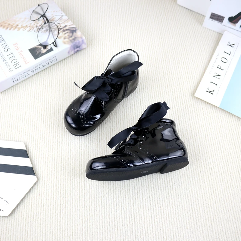 Autumn Flat Round Toe Brogue Style Shoes Zipper Bullock Version Little Girl Leather Boots Single Boots Kids Shoes for Girl