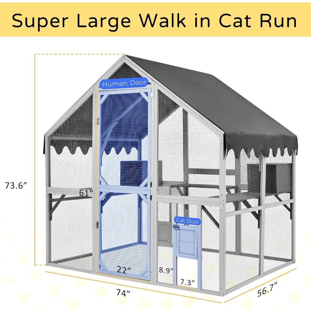 Outdoor Cat House Large for Multiple Cats, Wooden Cat Condo Cage for Outside with Waterproof Roof, Playpen, Resting Box