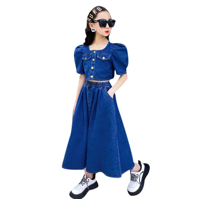 Summer Girls Clothing Set Denim Short Tops Skirt Outfits for Children Autumn Blue Fashion Two Pieces 2023 New Teen Kids Costumes