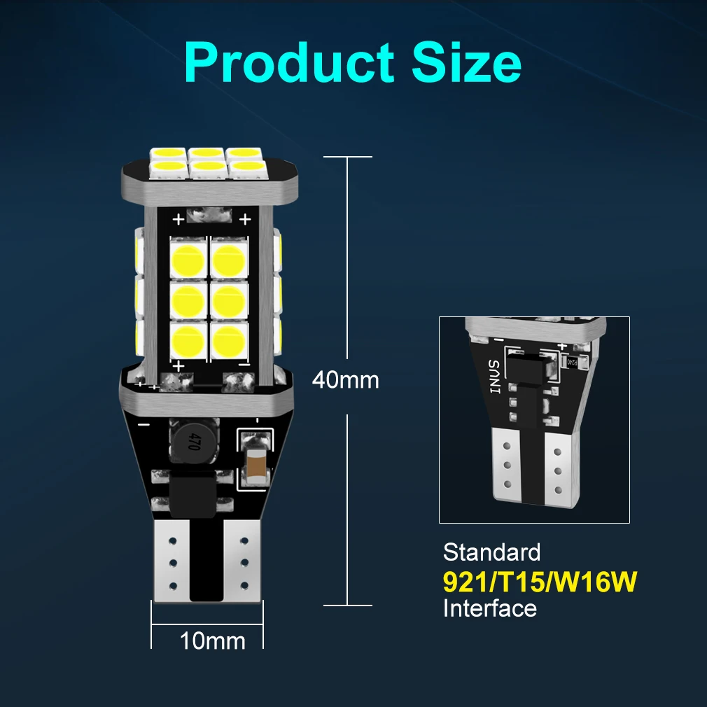 W16W LED  T15 Led Canbus OBC,  , 920 921 912  3030SMD ڵ     6000K  DC 12V, 2 