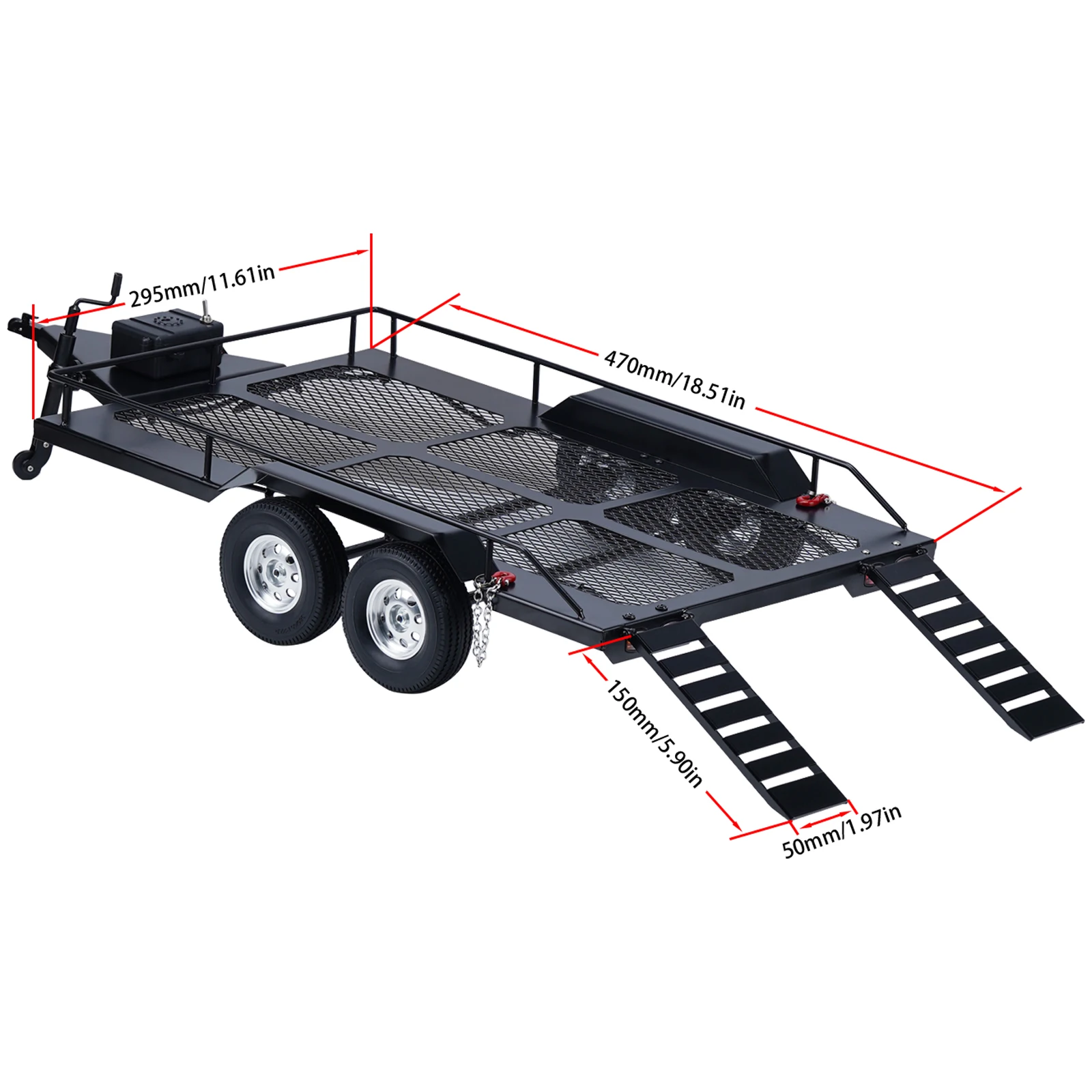 Remorque RC 1/10 avec éclairage attelée à un camion RC, compatible Axial D90, SCX10, TRX4, en extérieur.