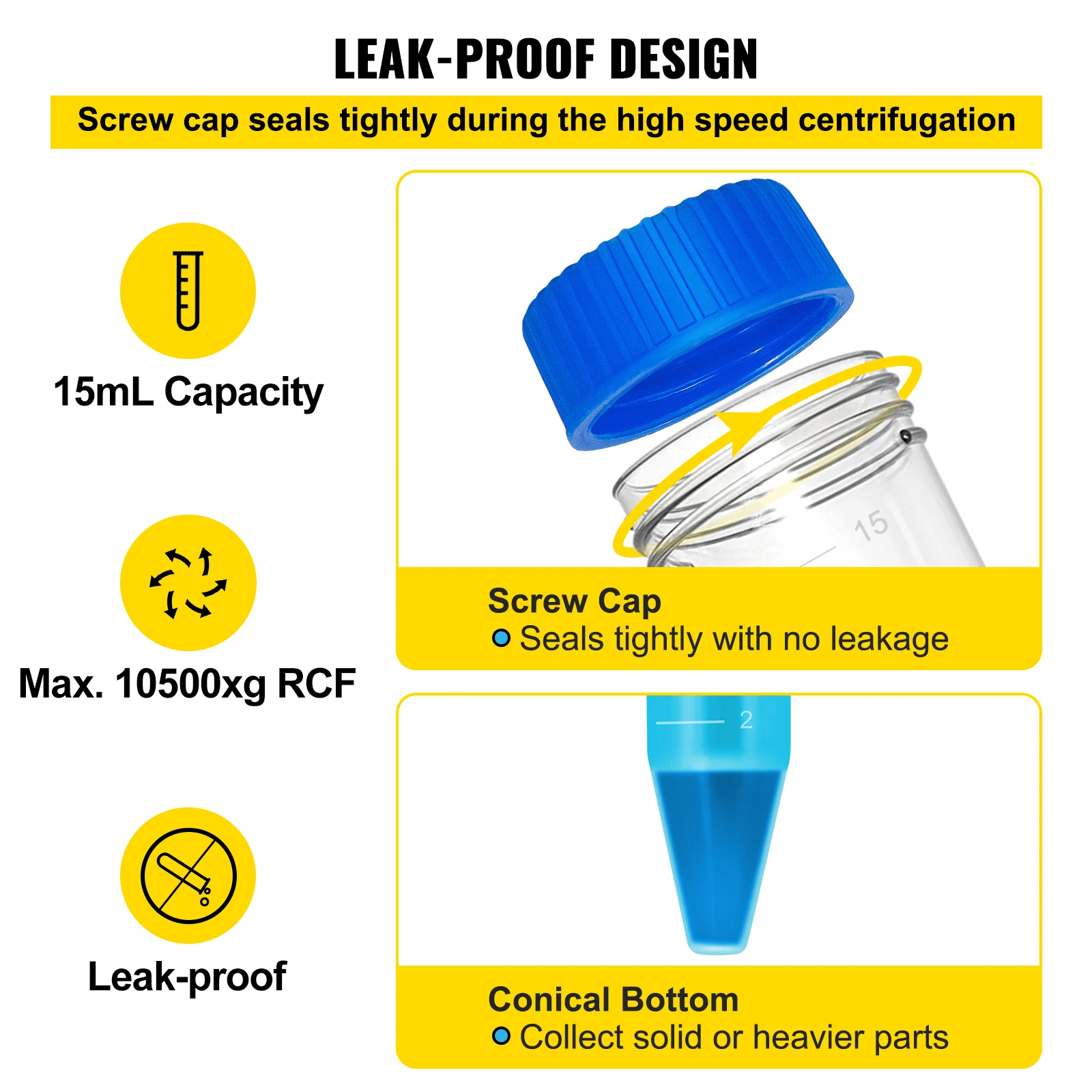 VEVOR 500Pcs 15ML 50ML Centrifuge Plastic Test Tubes With Rack Conical Transparent Box Storage for Lab Sample Storage & Separate