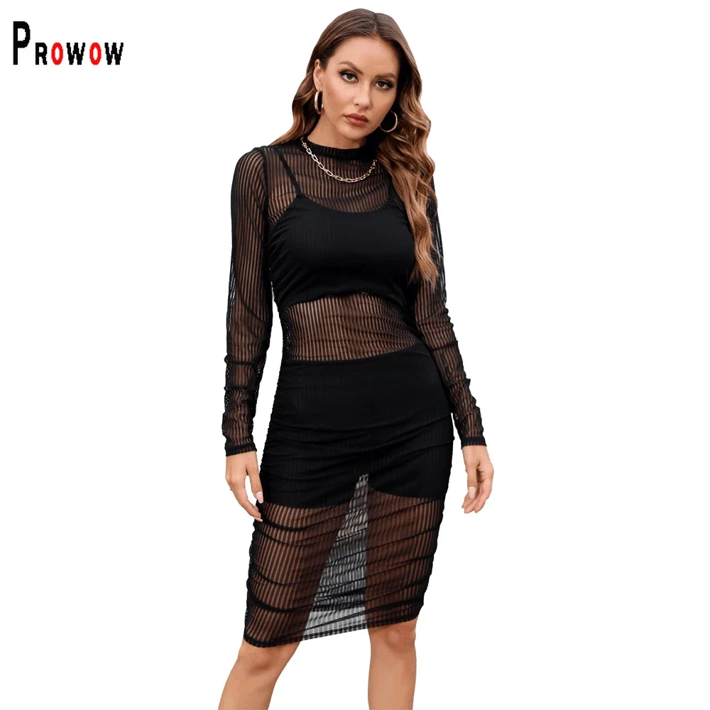 

Prowow Sexy Women Dress Black Vest Shorts Three Piece Matching Summer Suits 2024 New Slim See Through Mesh Party Nightclub Wear