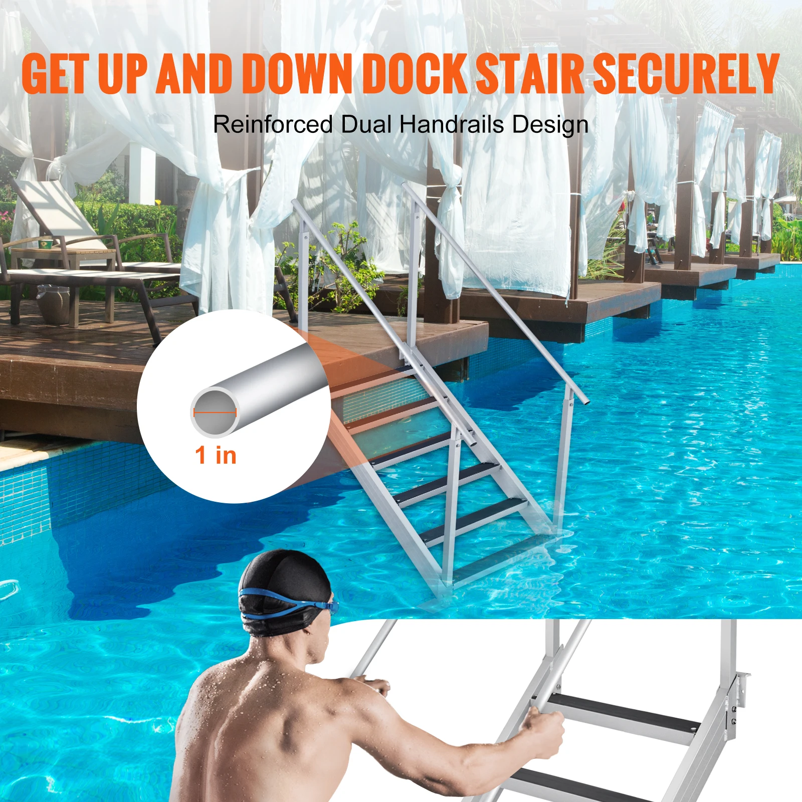 Aluminum Dock Ladder with Dual Handrails for Pool and Lake
