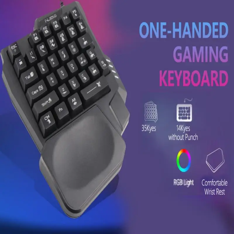 One-Handed Anti-Slip Backlit Gaming Keyboard - Black, 35 Keys