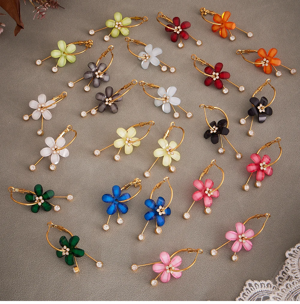 Neue bunte Harz-Blumen-Ohrringe für Frauen, glänzender Zirkon, 316 Edelstahl, vergoldet, Tropfen-Ohrringe, Böhmen-Schmuck, Geschenk – Detail 17
