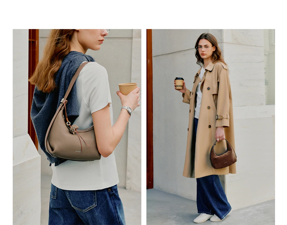 Half moon leather tote, stitching detail