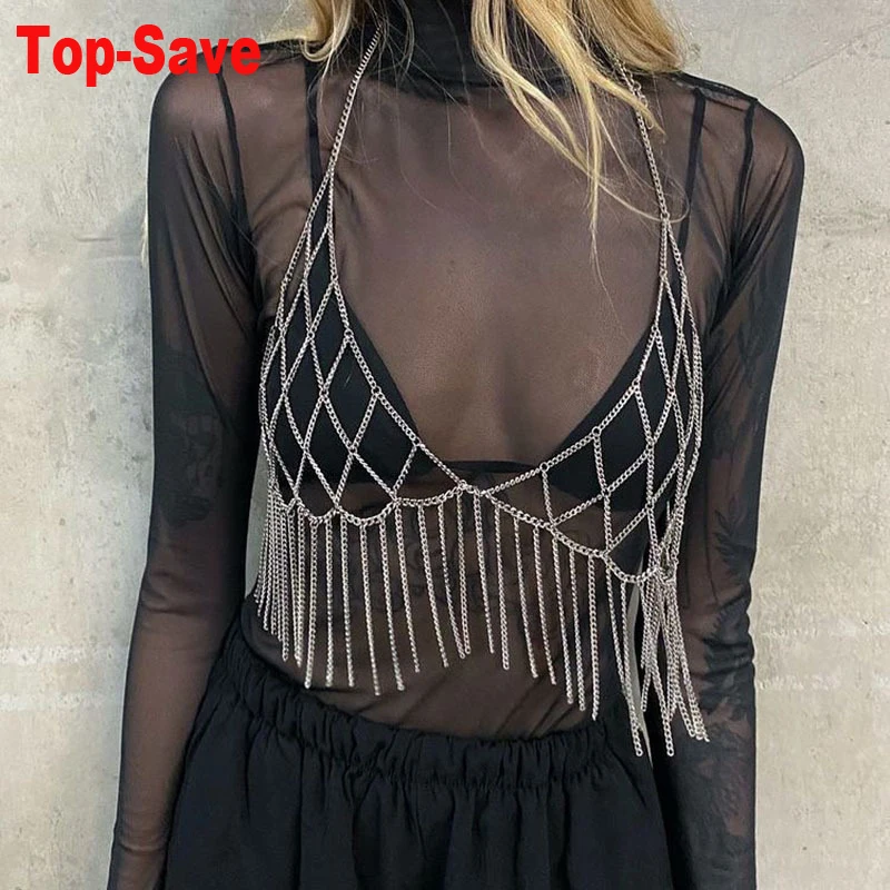 Formale Sexy Crop Top Club Pailletten Metall Körper Kette Nachtclub Tank Top Für Frauen Strand Zubehör Geburtstag Party Metall Kette Top