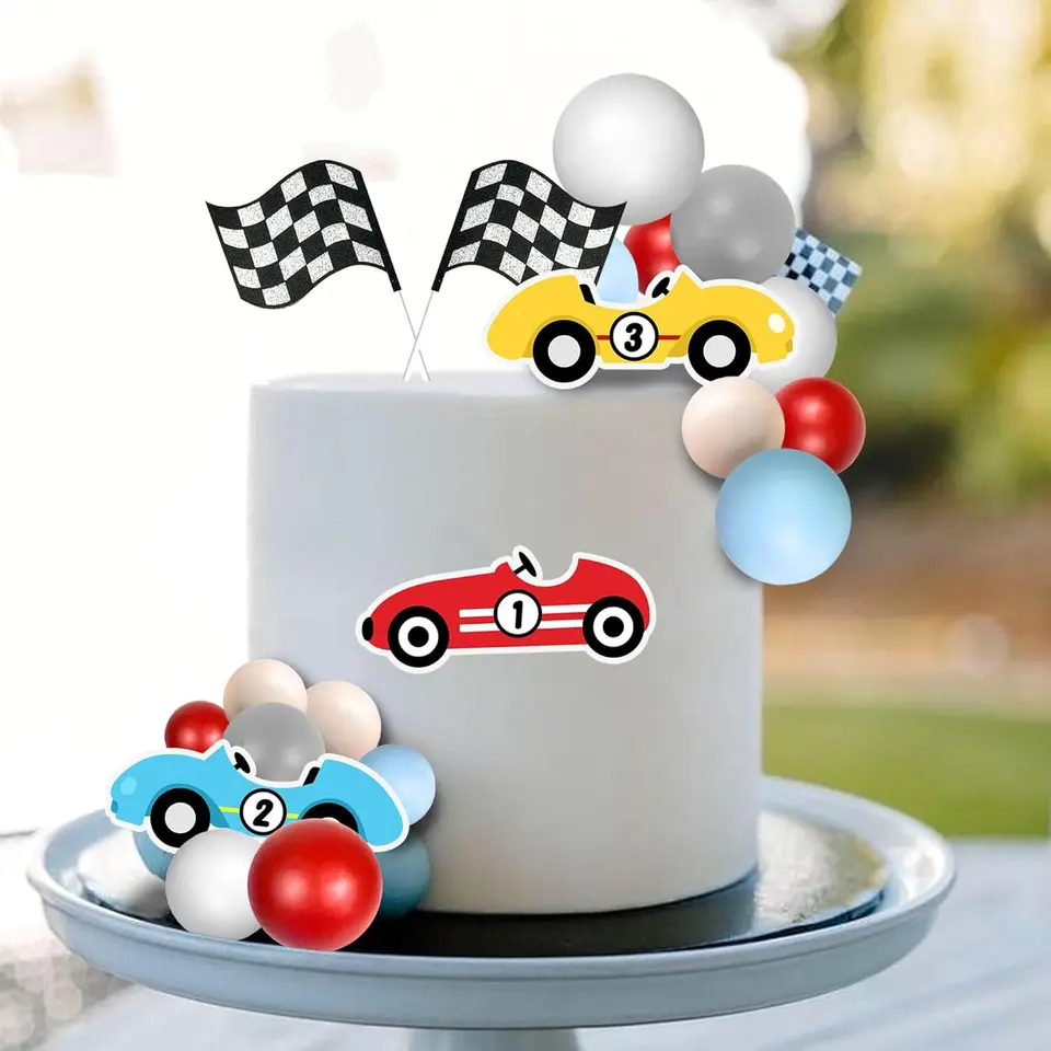 Kawailay Racing Cake Toppers Auto Happy Birthday - Decorazione per Torte a Tema Auto da Corsa e Bandiera Checkered per Bambini e Ragazzi