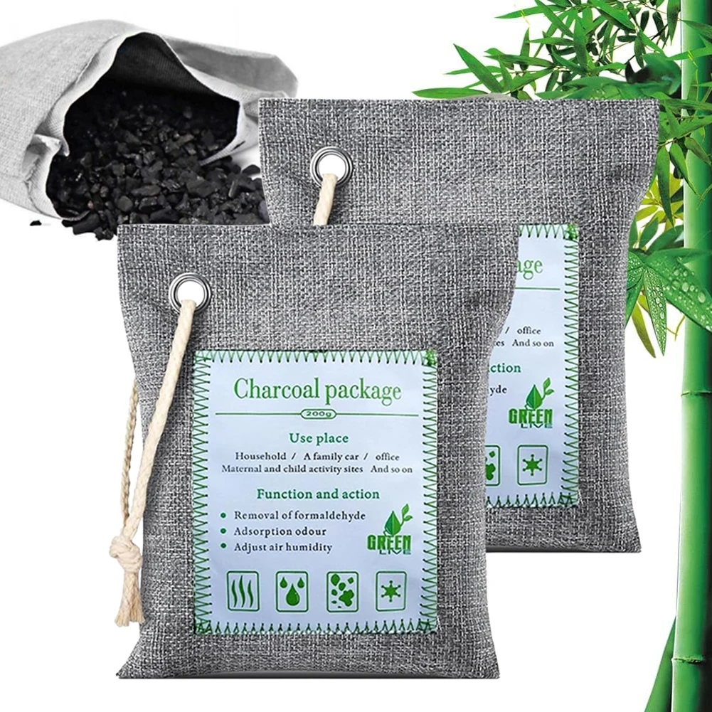 Car Air Dehumidifier 2x200g Odor Absorber Moisture Absorber Reusable Bamboo Activated Charcoal Air Freshener for Home Pet Closet
