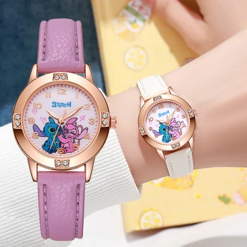 Moda padrão dos desenhos animados ponto meninas relógios crianças pulseira de couro relógio com strass dial reloj stich presente requintado 1